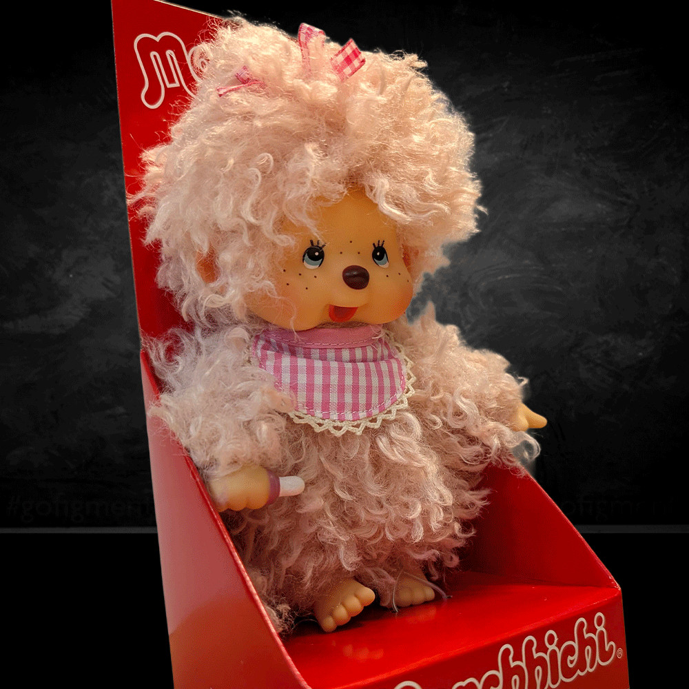 8" Large Monchhichi Doll - Girl with Fluffy Pink Beige Fur - Authentic Monkey