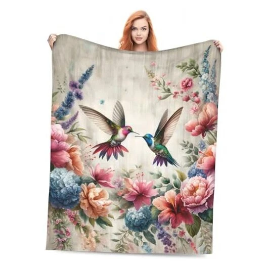 Retro Hummingbird Floral Blanket Gifts for Women Soft Warm 50x60in Bird 02