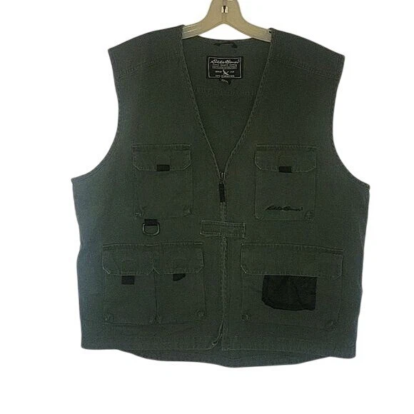 Eddie Bauer Mens Utility Vest Green Cotton Outdoor Fishing Hiking Safari L
