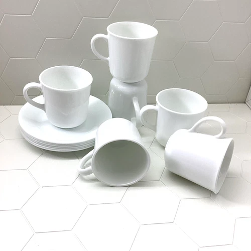 Set of 6 Corning White Cups & Saucers Pyroceram Coffee Teacup USA Vtg Minimalist