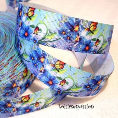 GALLONENBAND GROBKÖRNIG, SCHMETTERLING und NATURBLUMEN, Blauton ** 25 mm ** Meterware