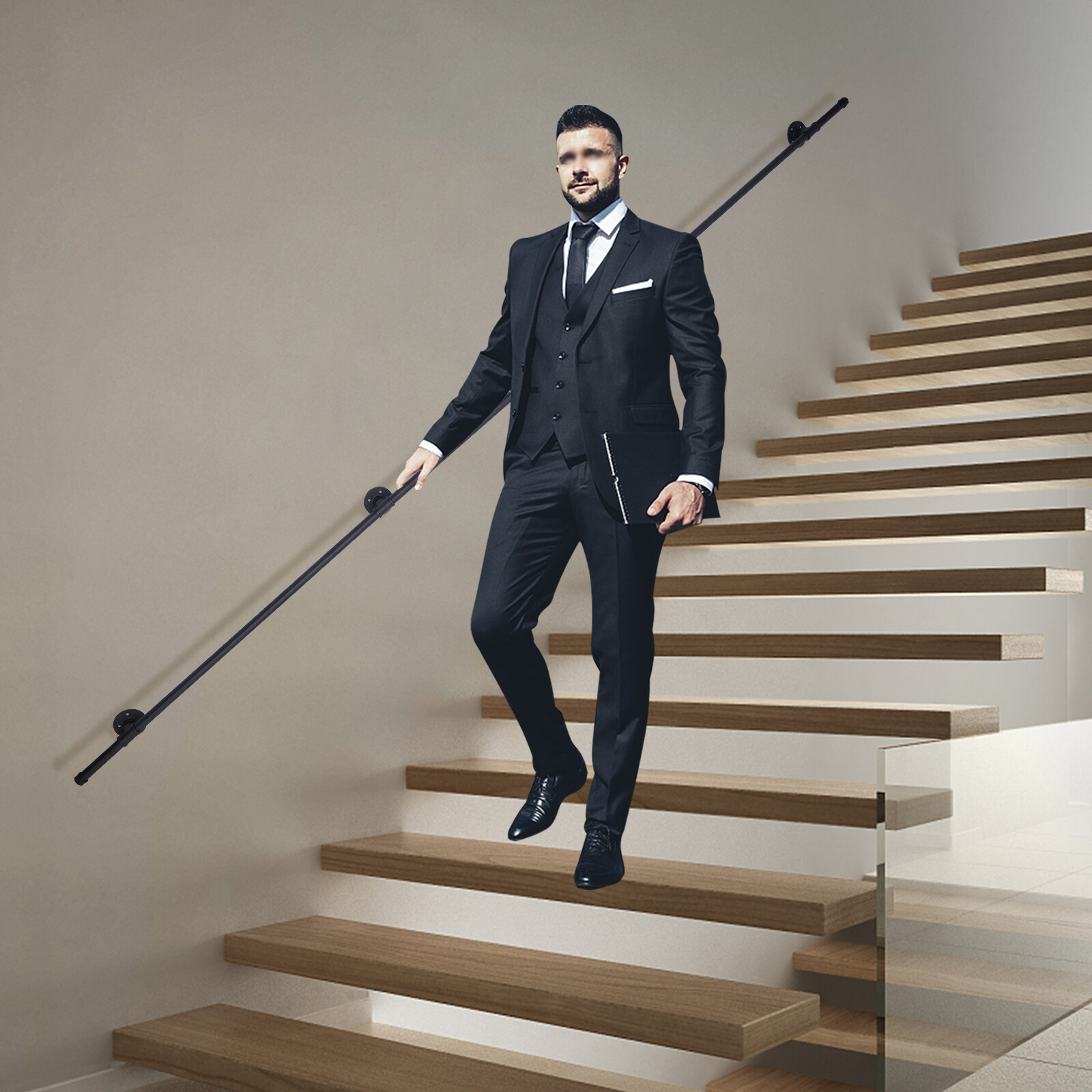 10 FT Staircase Handrail Black with 4 Wall Support Industrial Iron Handrail