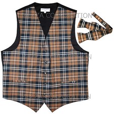 New Vesuvio Napoli Men's plaid Tuxedo Vest Waistcoat Self Tie Bowtie Brown party