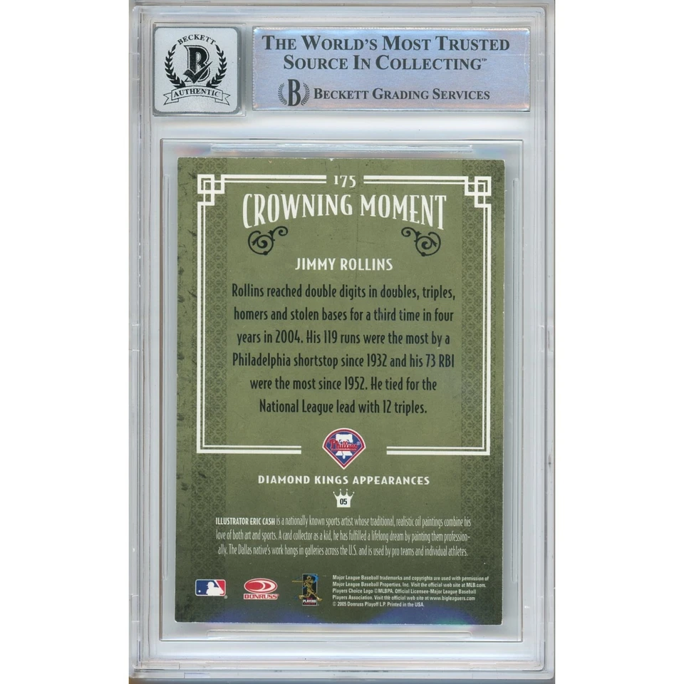 Tarjeta firmada por Jimmy Rollins 2005 Diamond Kings #175 Beckett automática 10 losas Phillies Foto 2 de 4