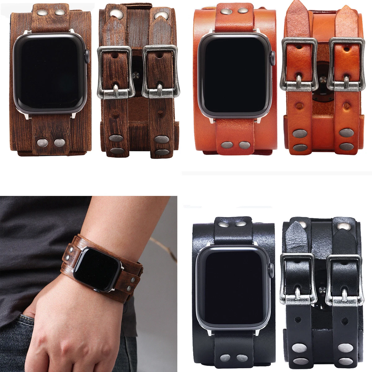 Wide Leather Cuff Bracelet iWatch Wristband for Apple Watch SE Series 9 8 7  6 5