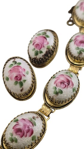 Vintage Whiting und Davis gewölbt Blumen Porzellan Armband Set (A8144) - Bild 3 von 8