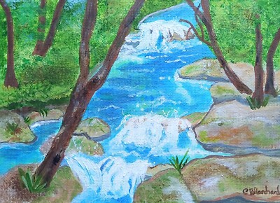 Original kleines Acryl Gemälde auf Leinwand Tafel Felsen Wasserfall Wald Landschaft