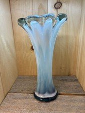Vintage Hand Blown Art Glass Vase Blue  White Swirl Design Blues Are Stunning