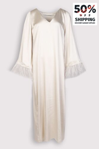 RRP€750 SIMONA TAGLIAFERRI Satin Maxi Dress Size S Stretch Feathers Trim V-Neck - Bild 1 von 9