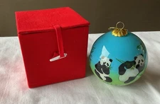 Li Bien Reverse Painted “Panda Family” Glass Christmas Ornament In Red Box