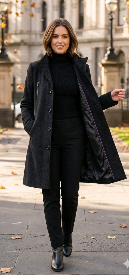 ​OXFORD Woman Luxury Wool Blend Long Coat Charcoal Black Jacquard Lining Size 8