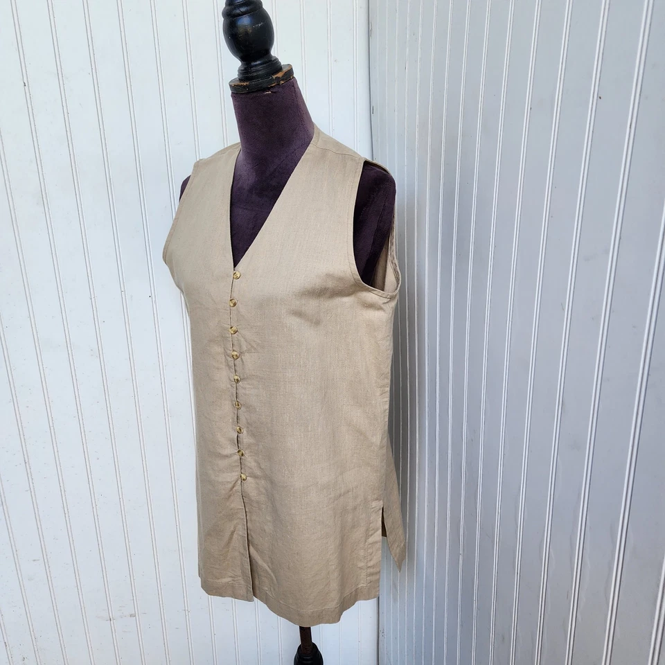 Bogari Studio 女式亚麻棉束腰外衣 Sleveless 纽扣 V 领米色 M 码 — 第 3/4 张图片