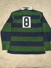 Tommy Hilfiger Rugby Shirt Y2K Mens M Striped Long Sleeve 8 Patch Blue Green
