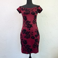 Vintage 90s Red Black Velvet Floral Off the Shoulder Bodycon Mini Dress Medium