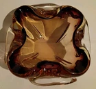 Glass Cigar Cigarette Ashtray Amber Gold Art Deco Murano Handmade 5"Sq 2.5" Tall