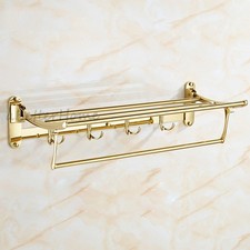 Gold Bathroom Towel Rack Shelf Wall Mounted Folding Holder Organizer with Hooks