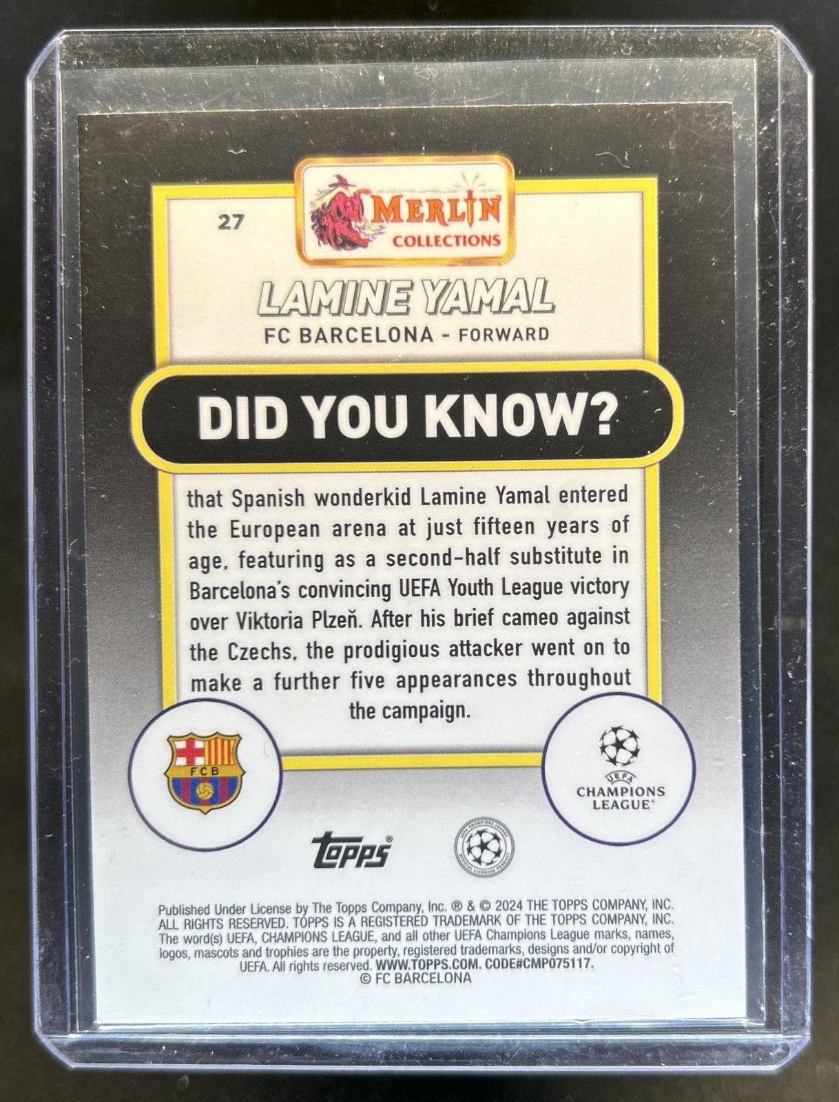 2023-24 Topps Chrome Merlin UEFA Lamine Yamal Rookie RC #27 Barcelona view 2
