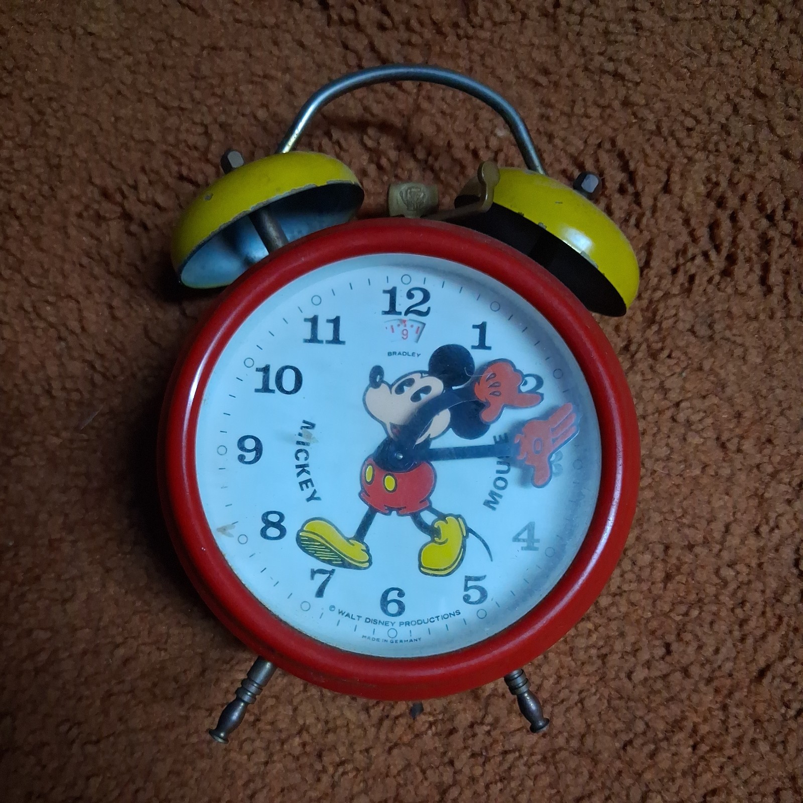 Vintage Bradley Mickey Mouse Wind Up Alarm Clock Germany Disney Red Yellow