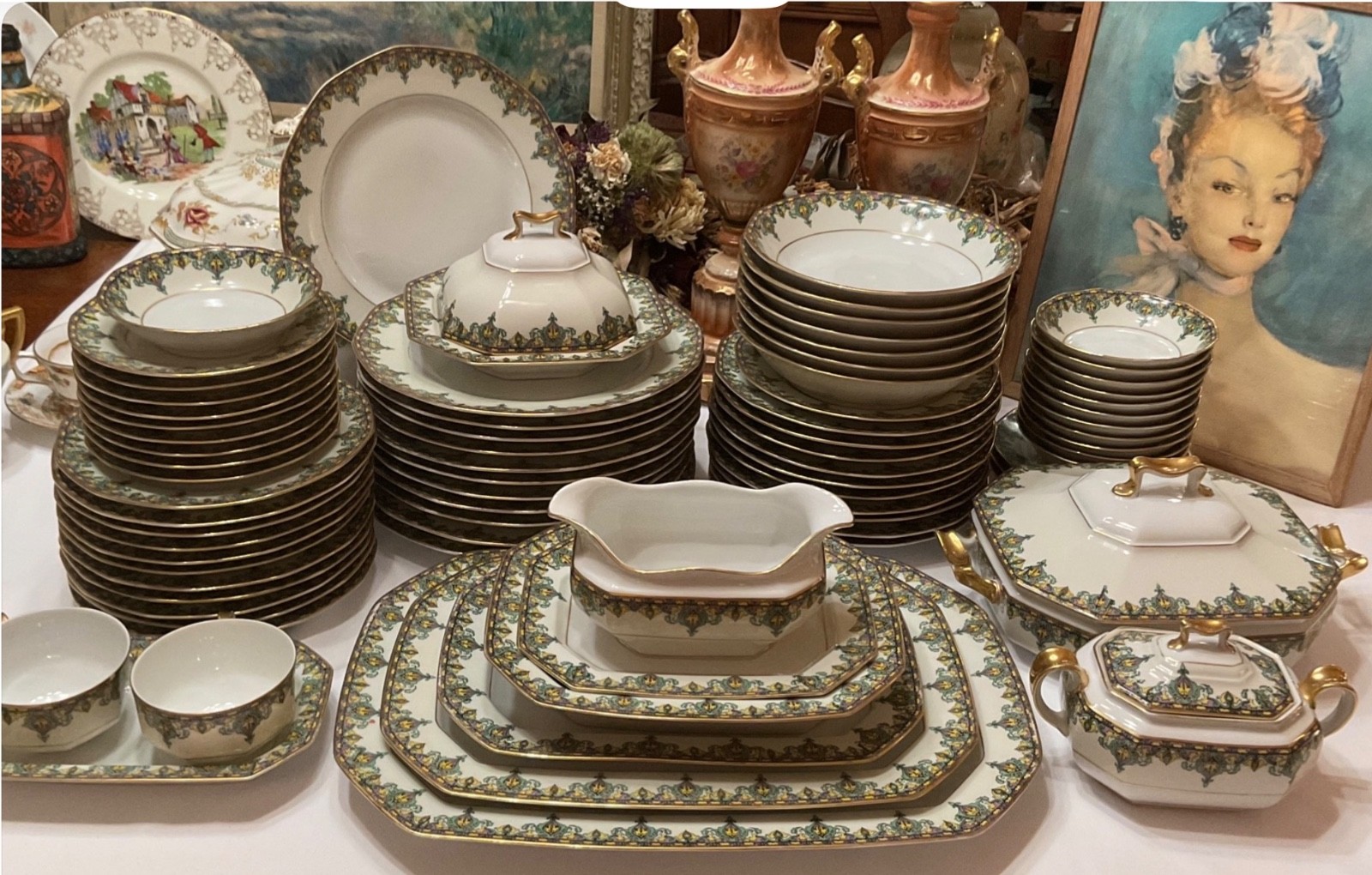 99 PCs Vintage Johann Haviland Bavaria 10718 China Dinnerware Set Gold Trim