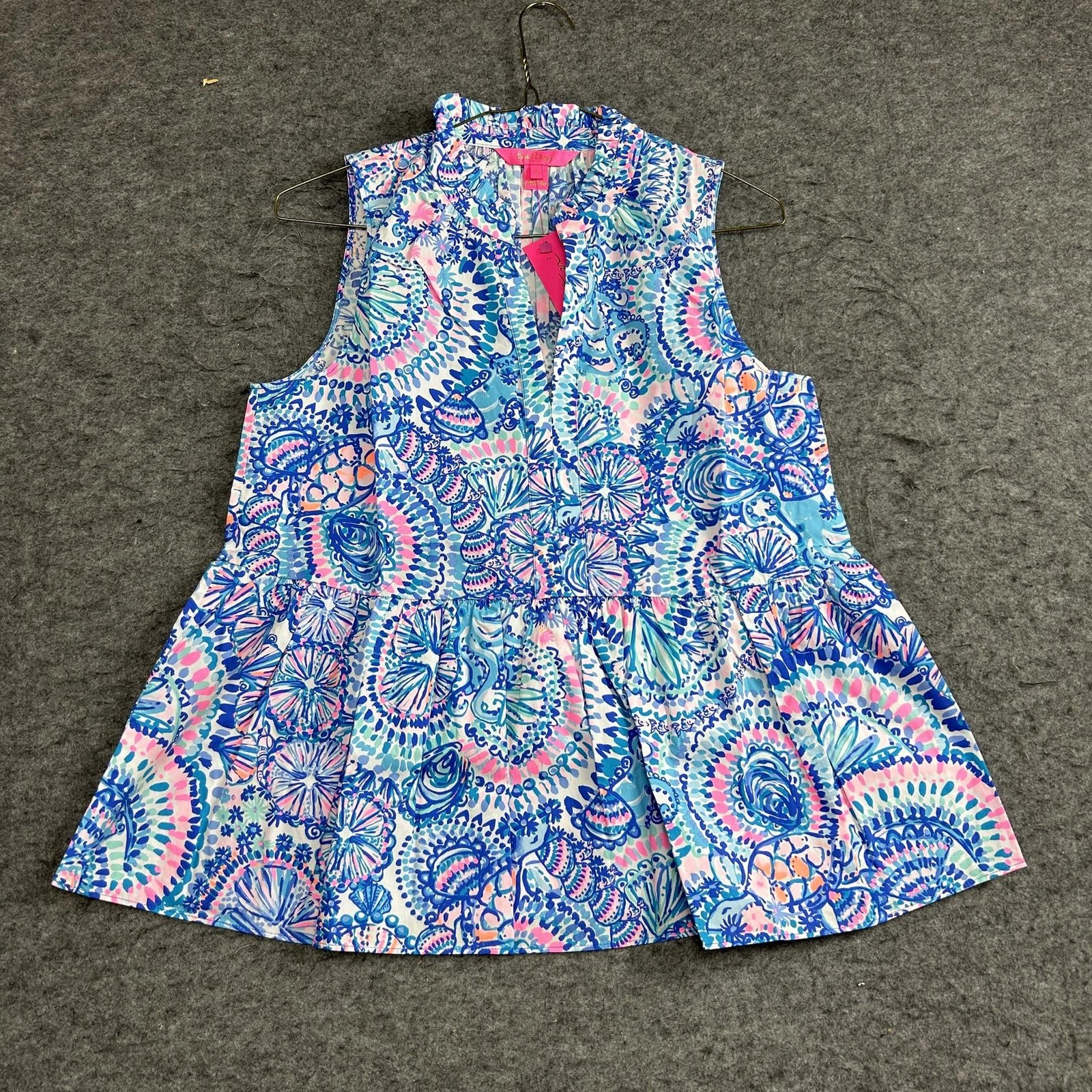 Lilly Pulitzer Novella Ruffle Hem Top Blue Grotto Commotion in The Ocean Size S