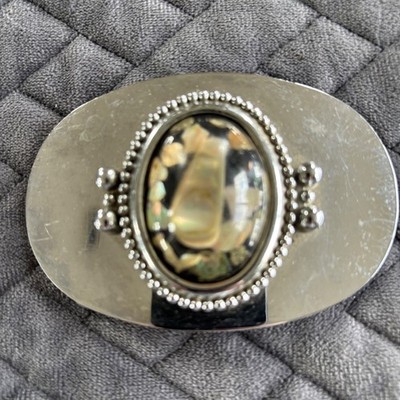 Vintage Silver Tone Abalone Shell Inlay Oval Belt Buckle Western Boho Iridescent