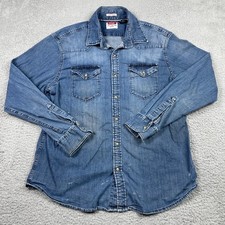 Wrangler Denim Western Pearl Snap Shirt Mens XL Blue Stretch Flex For Comfort