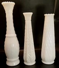Vtg Set Of 3 MCM Milk Glass Bud Vases, 10.5" Tall, 9" Tall, & 8.5 "Tall.