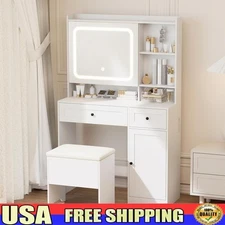 Lighted Vanity Table W/ Storage Stool Mirror USB Outlets Adjustable LED