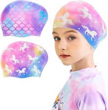 2 Pack Kids Swim Cap - Silicone Waterproof, Unicorn Mermaid Design for Ages 3-8