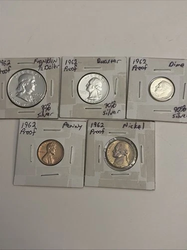 1962 Proof Set 90% Silver Ben Franklin Half Dollar Quarter & Dime, Cent &Nickel