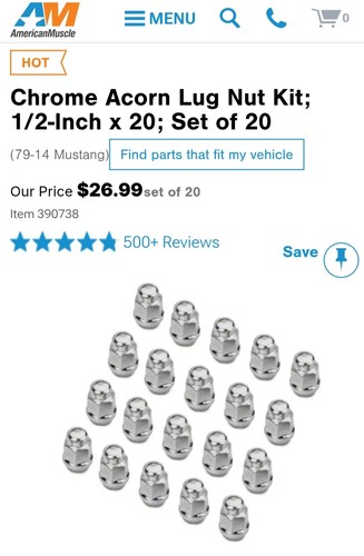 American Muscle: 1979-2014 Ford Mustang Fit-1/2" 20 Pcs-Chrome Acorn Shape-EUC