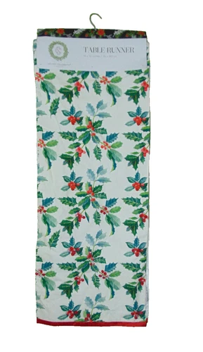SECRET CELEBRITY Christmas Table Runner 14x72 Holly Berry Print Cotton NEW NWT