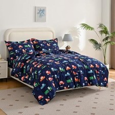 Car Kids Comforter Set for Boys Size, Cute Reversible Quilted Full Blue Car