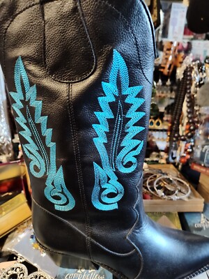 STIVALI BLACK LEATHER BLUE STITCH COWBOY LADIES BOOTS 39  display picture 3