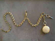 Vintage Gold Colored Pocket Watch Chain With Watch Key  Photo Locket, Pendant