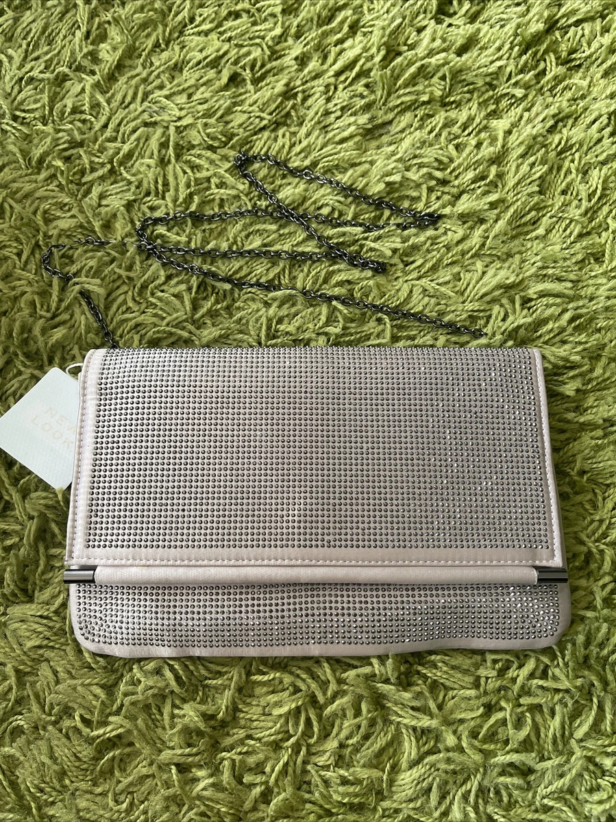 NEW LOOK DIAMANTE FLAP OVER PINK CLUTCH HANDBAG LONG CHAIN BNWT