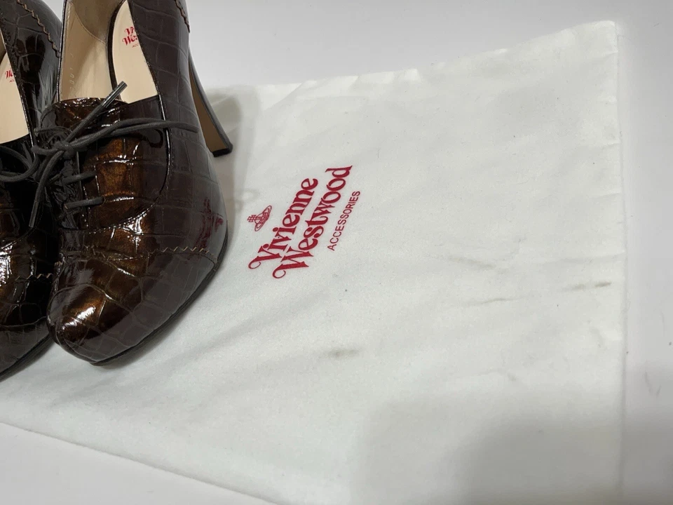Vtg VIVIENNE WESTWOOD BROWN CROC EMBOSSED HEELS 37 - Image 3 of 4