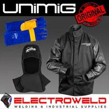 UNIMIG Welding Bundle - Leather Jacket + Hood + Gloves - Heat Resistant Mig Tig