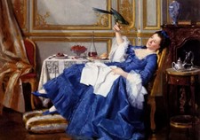 Oil painting charles hue - the favorite bird noble lady with pet hand painted ar