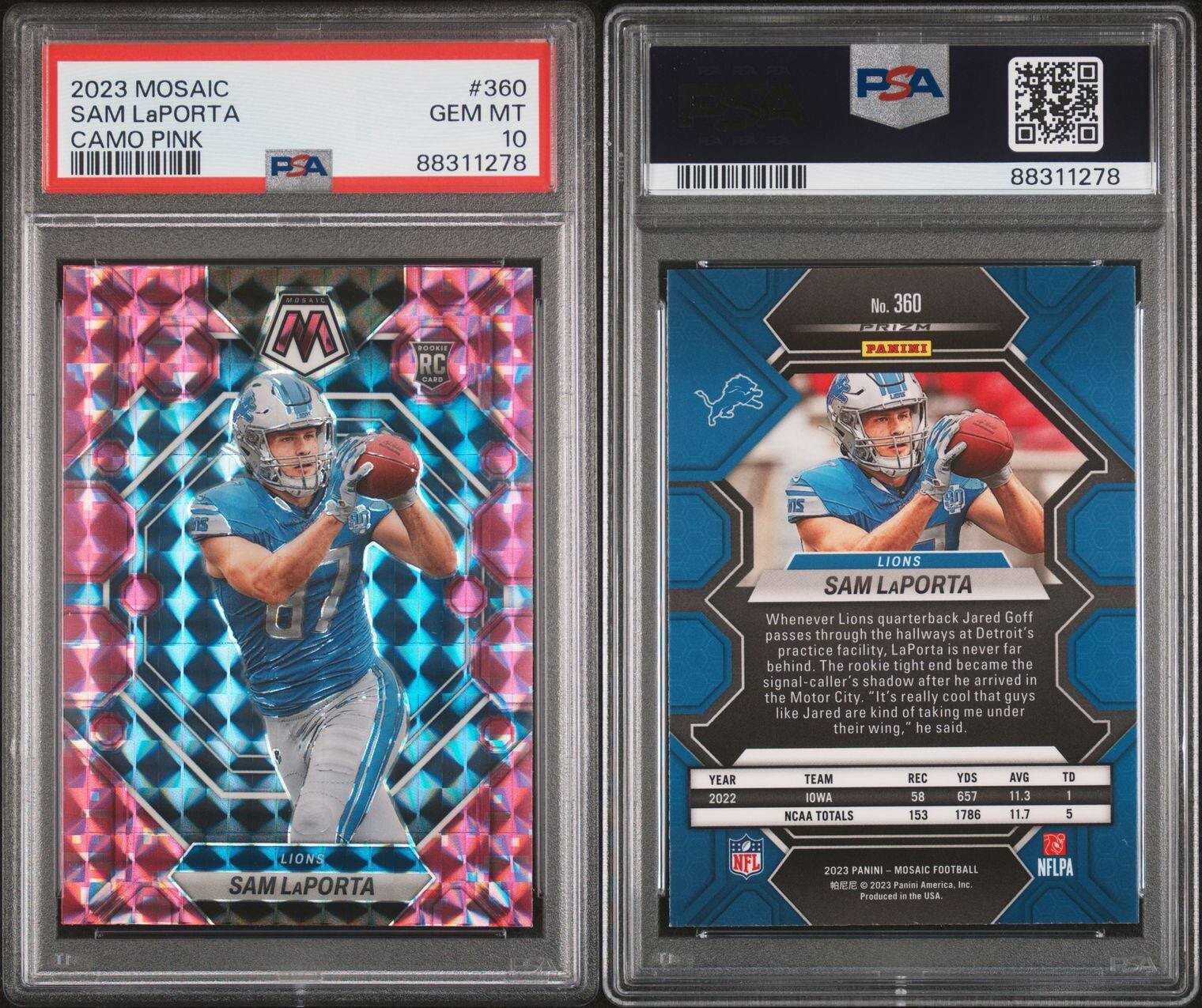 2023 Panini Mosaic Camo Pink Sam LaPorta Rookie Card #360 RC PSA 10 GEM MT
