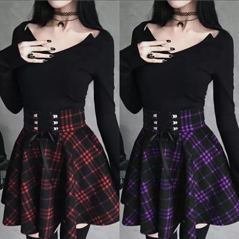 Womens high waisted plaid cheap skirt
