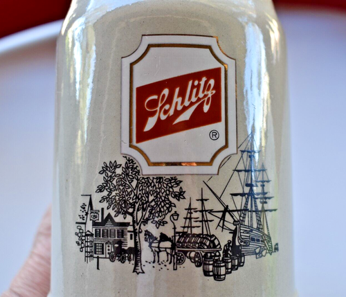 Vintage Gerz SCHLITZ .5 Liter Stoneware Beer Mug w/Sailboat, Horse & Buggy, Tree - Picture 3 of 4