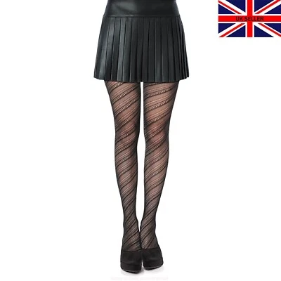 SIMPLY JOSHIMO New Womens Patterned Black Striped Fishnet Tights Ladies Gothic Lace UK 6-16