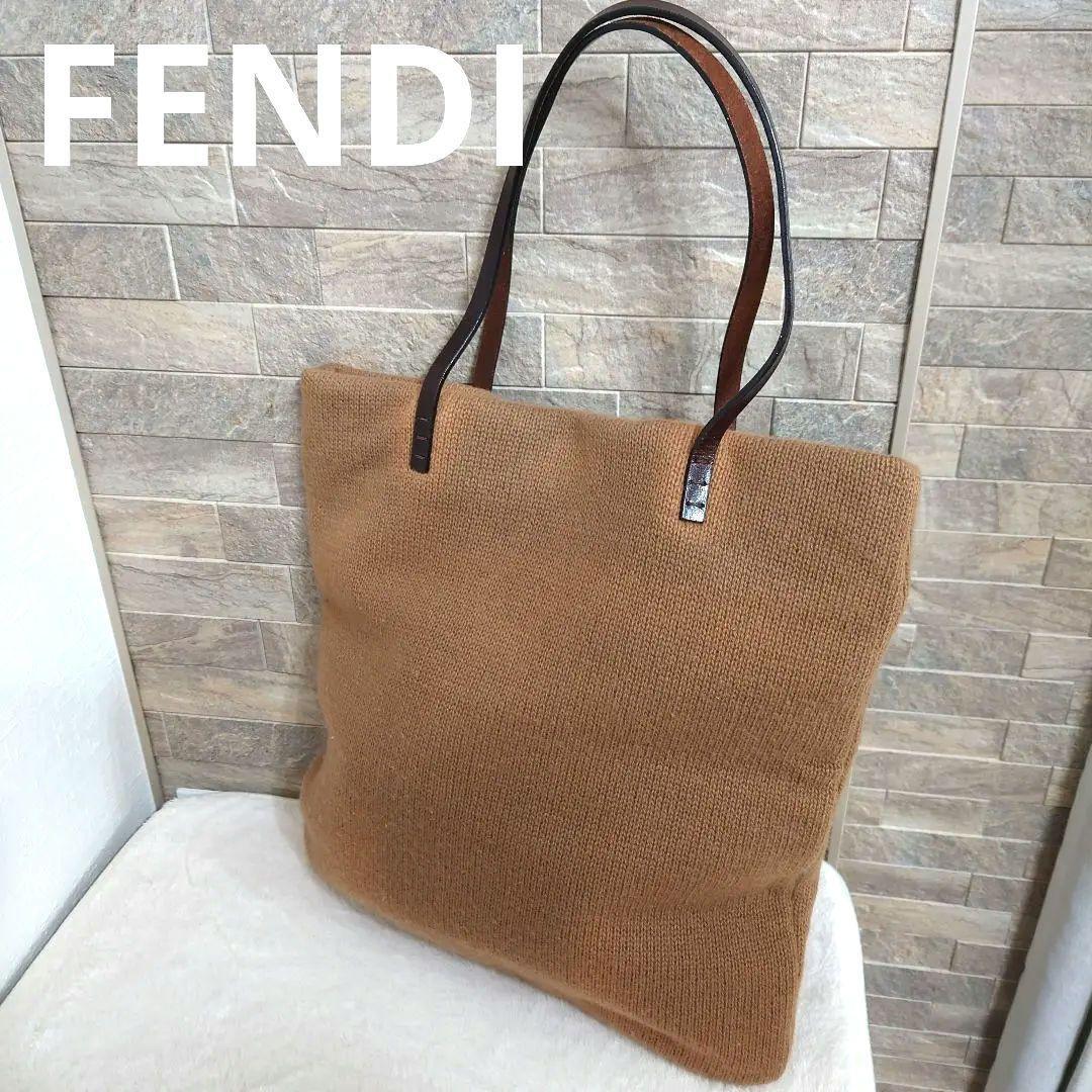 FENDI Brown Wool Leather Tote Shoulder Bag Preowned