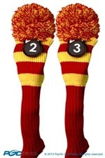 Tour #2 & 3 Hybrid Red Yellow Golf Headcover Knit Pom Pom Retro Classic Cover