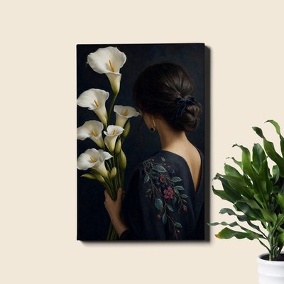 Woman Portrait with White Calla Lilies Canvas Art elegant floral painting style