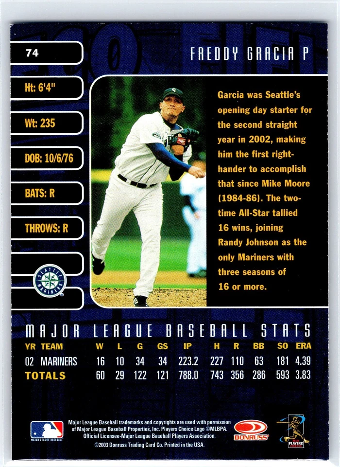 FREDDY GARCIA 2003 Donruss Studio Seattle Mariners Baseball Card #74 - Image 2 of 2