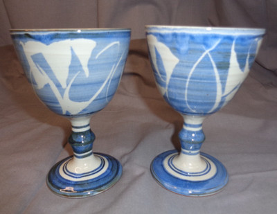 MCM Alan Caiger-Smith Aldermaston Studio 2 Goblets Hand Painted Blue Pottery 5''