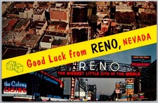 Vintage Postcard Reno's Arch, Casinos, Aerial Daylight View Reno, NV 1960s