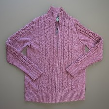 LL Bean Sweater Women s Medium Double L Cable Knit Full Zip Pink Mauve